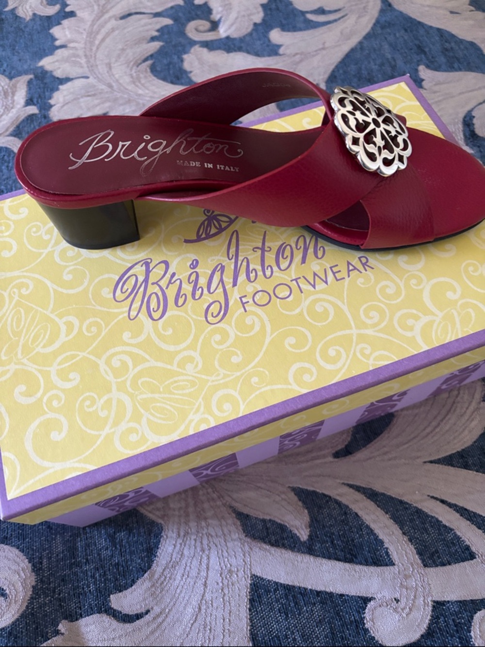 Brighton Red Leather Slip-On Mule with Silver Medallion